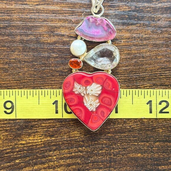 VTG Sterling Silver 925 Multi-Gemstone Glass Heart Pendant Size 3.25" Length - Picture 13 of 13